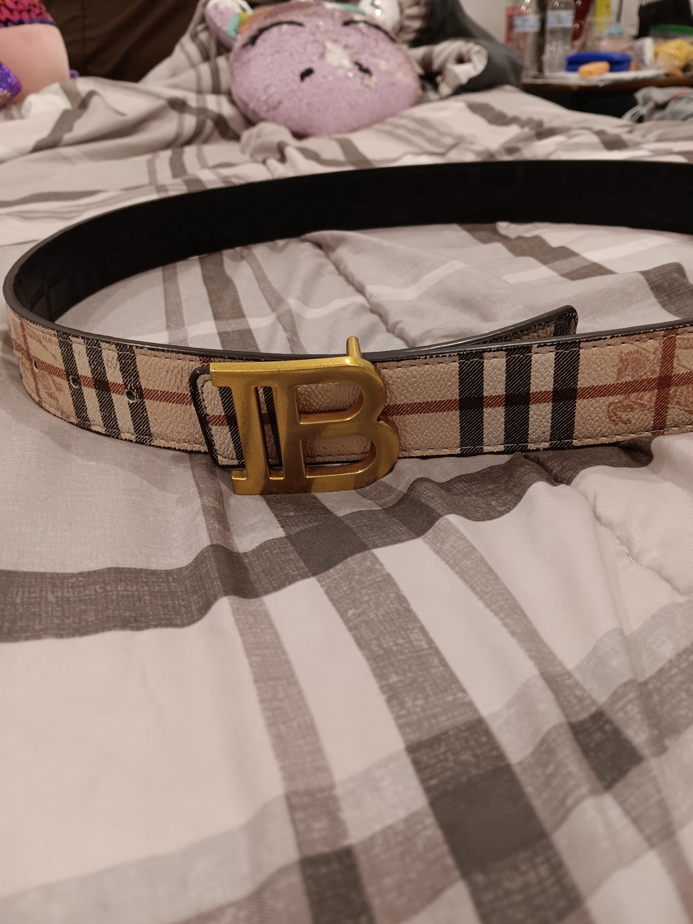 Burberry Beige Nova Check Belt with Gold 'B' Buckle Unisex Reversible 32-34in - Picture 3 of 4